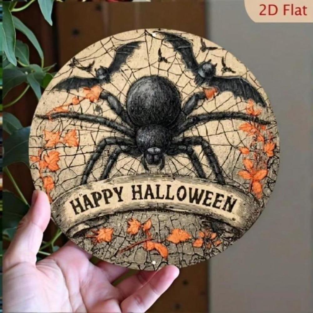 Iron Spider Web Wall Art with Bat Pumpkin Halloween Decor Metal Sign