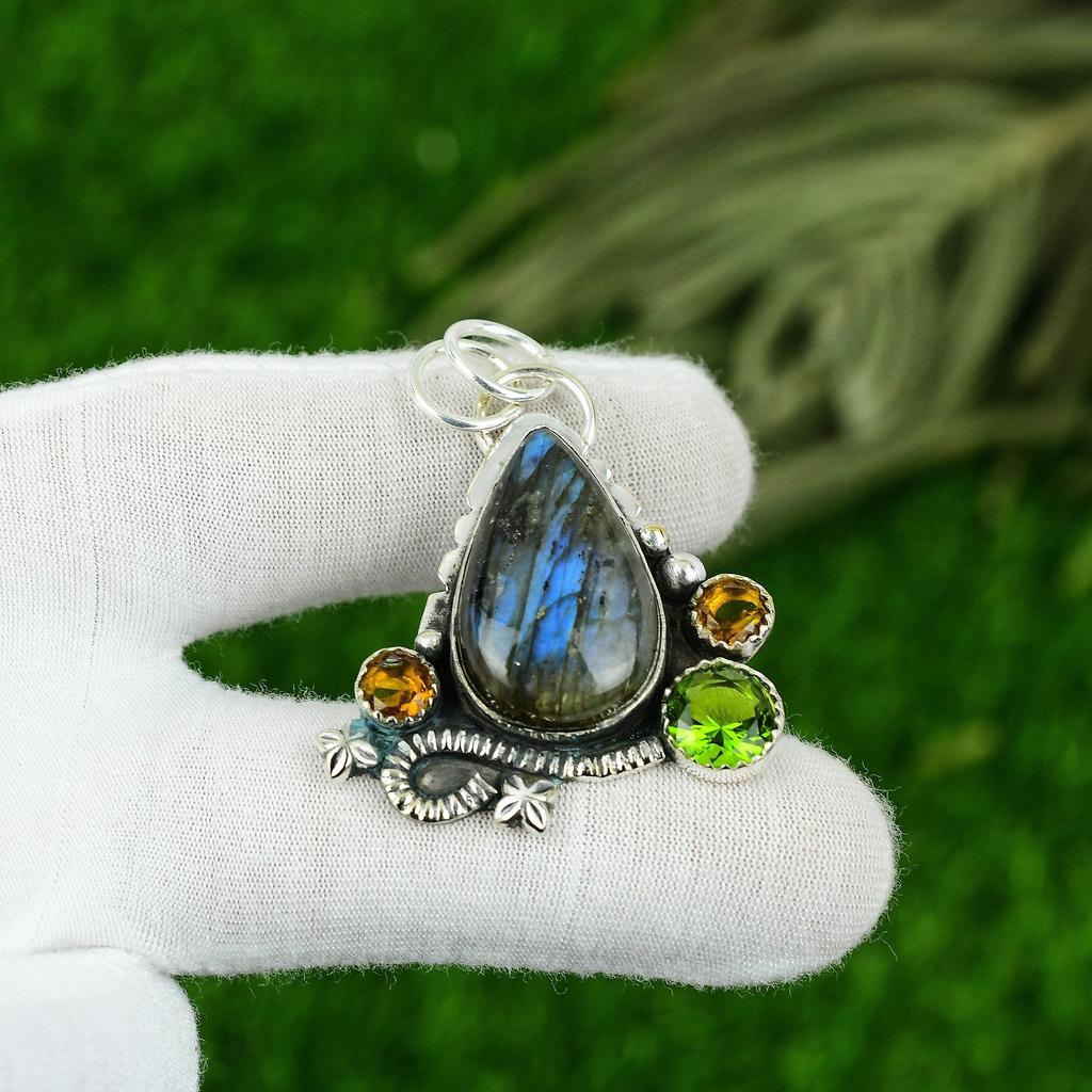 Natürlicher Labradorit Edelstein Anhänger Blau 925 Sterling Silber Indischer Schmuck