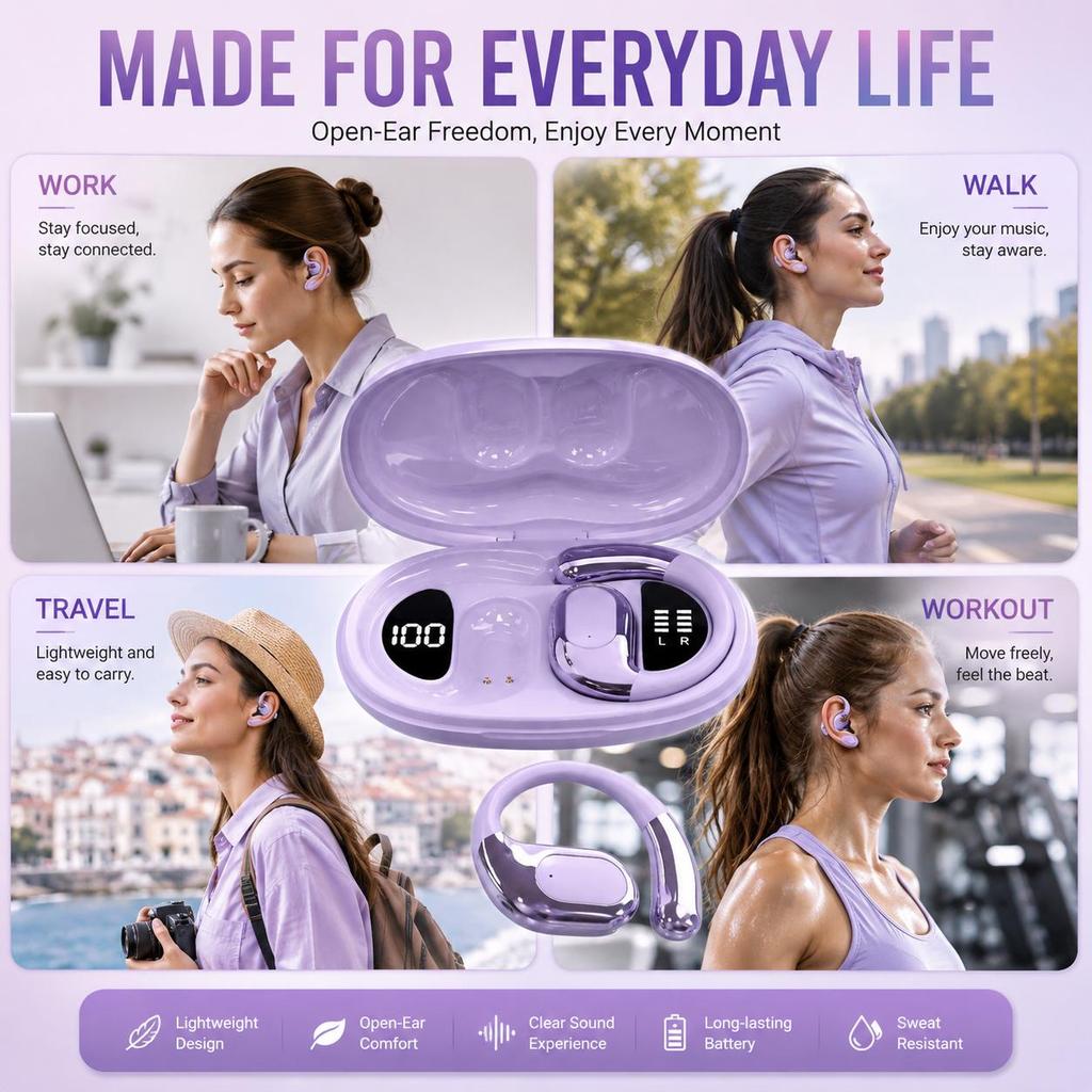 Open Ear Wireless Headphones Bluetooth 5.4, Comfortable Lightweight Earphones with LED Display, Touch Control & Type-C Charging