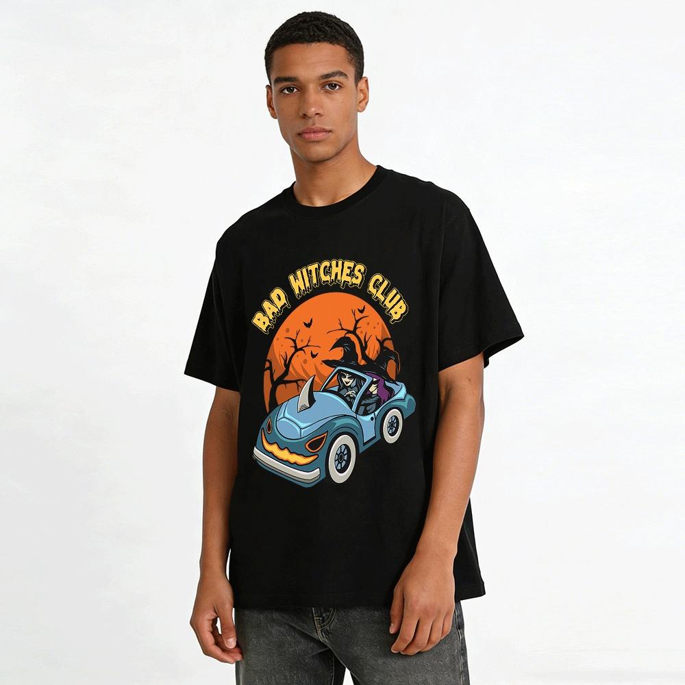 Bad Witches Club Halloween Witch Car Print Casual Top Pure cotton T-shirt