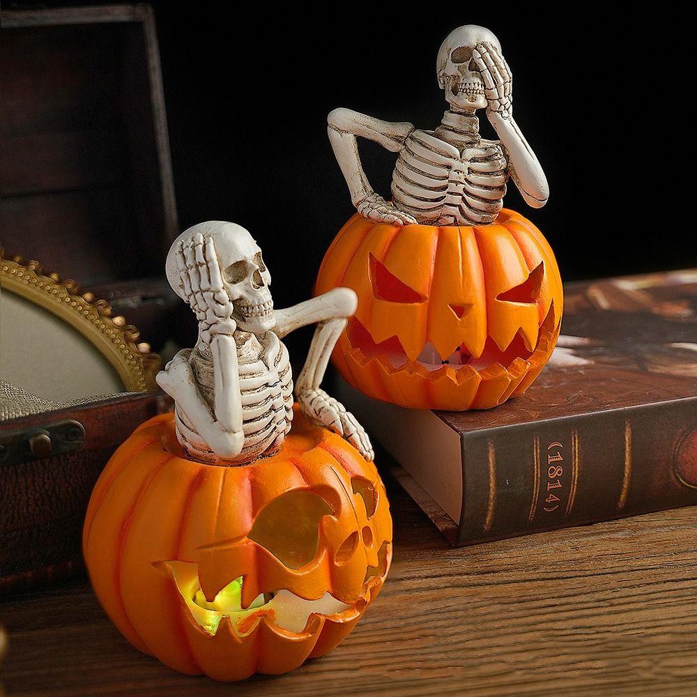 Creative Halloween Skeleton Figurine Resin Craft Glowing Design Ghost Festival Decoration Battery Operated Spooky