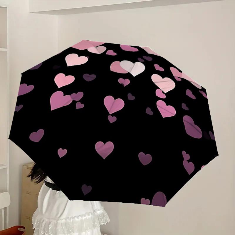 1pc Heart Print Automatic Folding Umbrella, 8 Ribs Iron Frame, Suitable for Outdoor Travel and Daily Use yy251120225