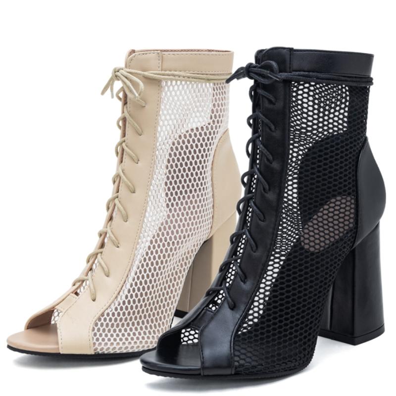 Peep Toe Ankle Boots Women Block High Heels Mesh Black 2025 New Summer Shoes Lace-up Jazz Party Dance Boots Breathable Summer