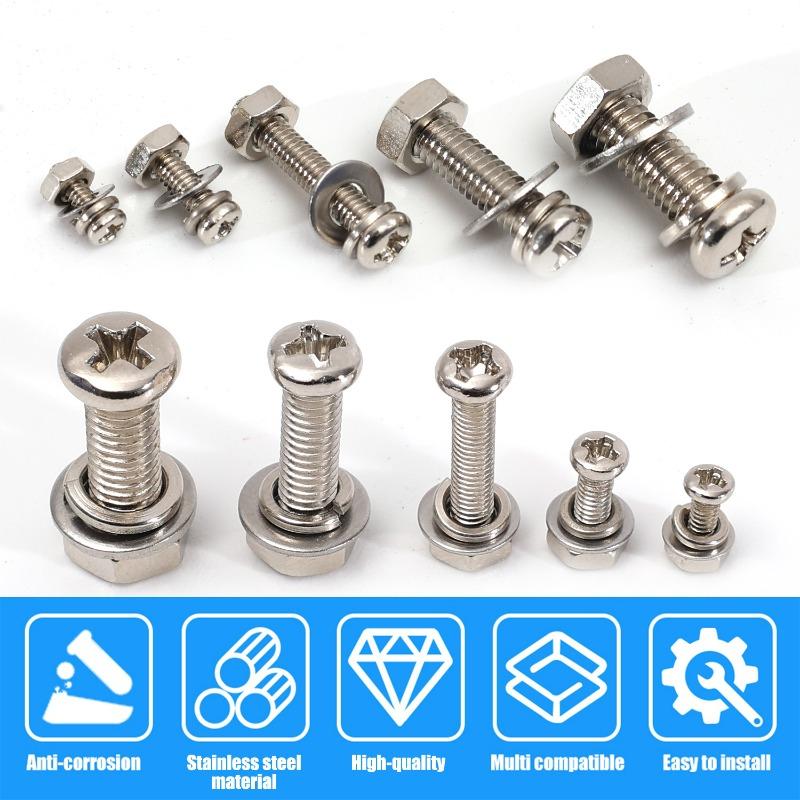 M2/M3/M4/M5 Cross Slotted Flat Head Hexagon Bolt Nut Set Hexagonal Screw Bolt And Nut Flat Washer Spring Washer Combination Kit