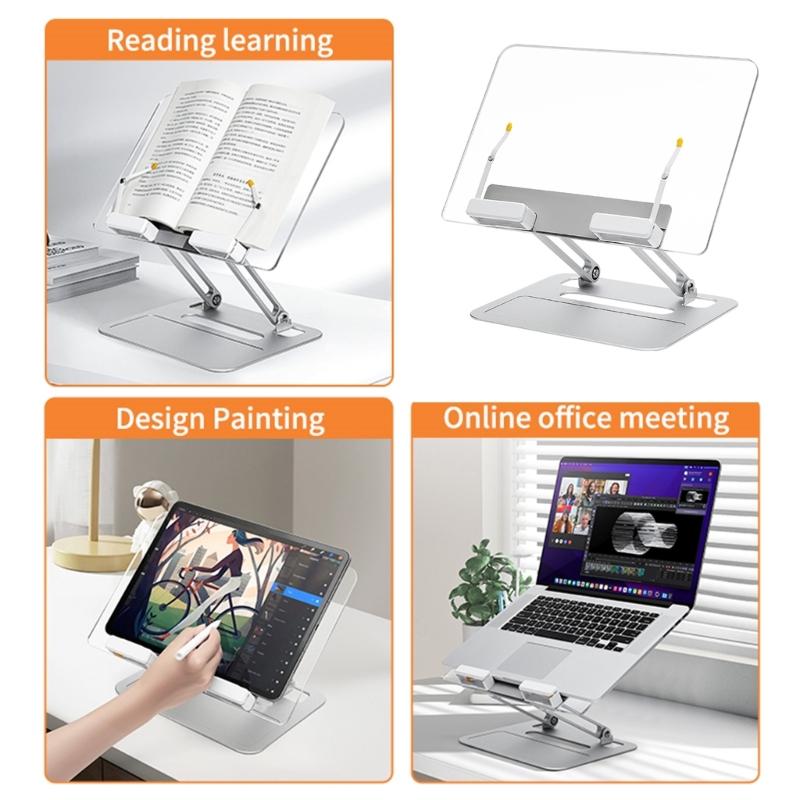 Two Axises Adjustable Foldable Laptop Book Stand Aluminum Construction 360 Rotation Clear Acrylic Ergonomic Holder
