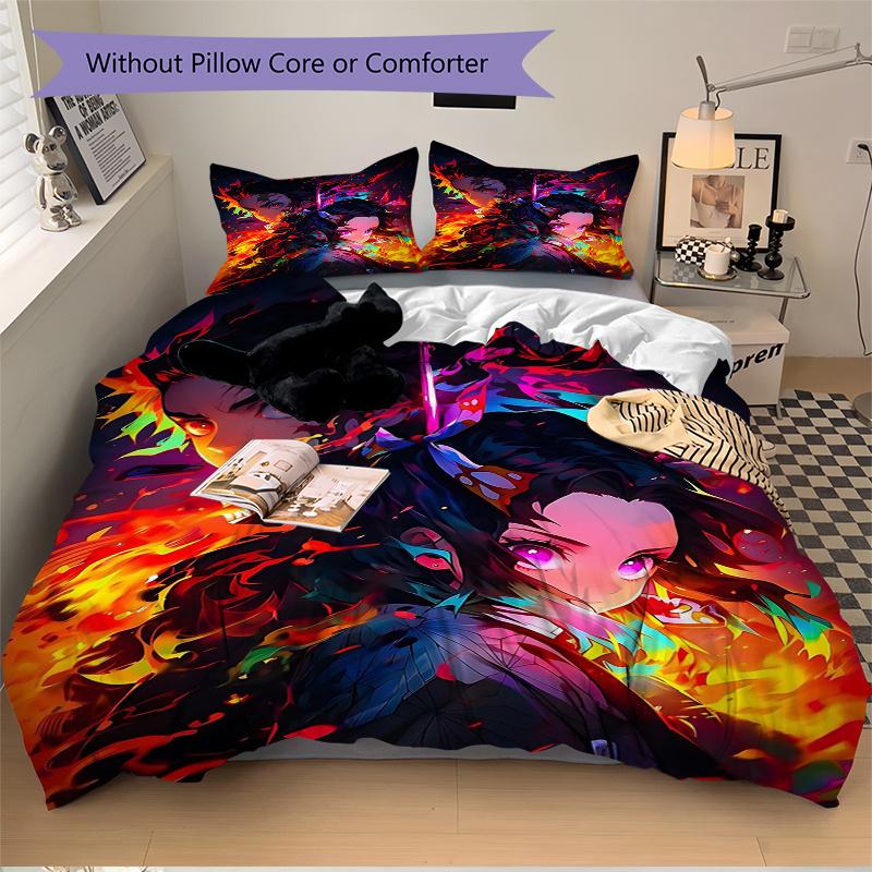3pcs Flaming Anime Characters Printed Quilt Set - Includes 1 Quilt Cover and 2 Pillowcases, Machine Washable - Suitable for All Seasons.C037