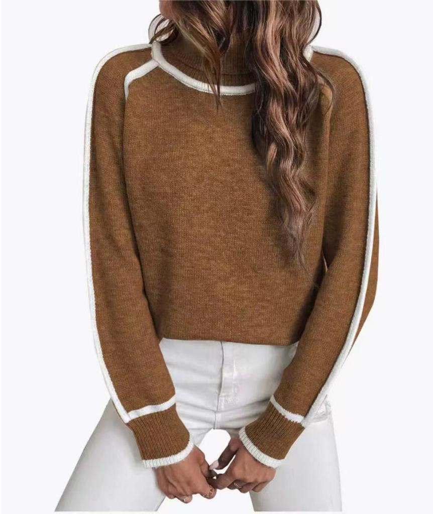 Cozy Fall and Winter Fashion Women's Elegant Knitted Thick Warm Hoodie Color Blocked Half High Collar Versatile Striped Sweater Jumper