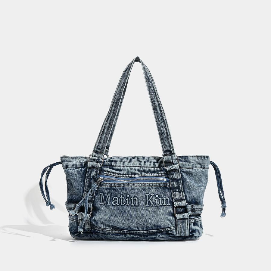

Korean Mk Denim Bag Retro Washing Water Denim Bag Crescent Bag Shoulder Underarm Tote Bag Women синий