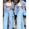Women's Elegant Solid-Color Two-Piece Suit Set - Notched Lapel Blazer with Slit Sleeves & Straight-Leg Pants with Slant Pockets
