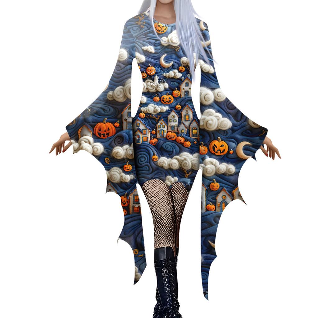 Women Fashion Gothic Punk Bat-Sleeve 3D Cute Halloween Print Irregular Party Dress