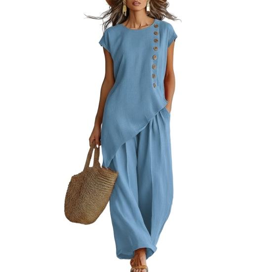 Women's Summer Casual 2 Piece Sets, Buttons Short Sleeve Top And Wide Leg Pants Matching Sets, Asymmetrical Hem Vacation Lounge Outfits