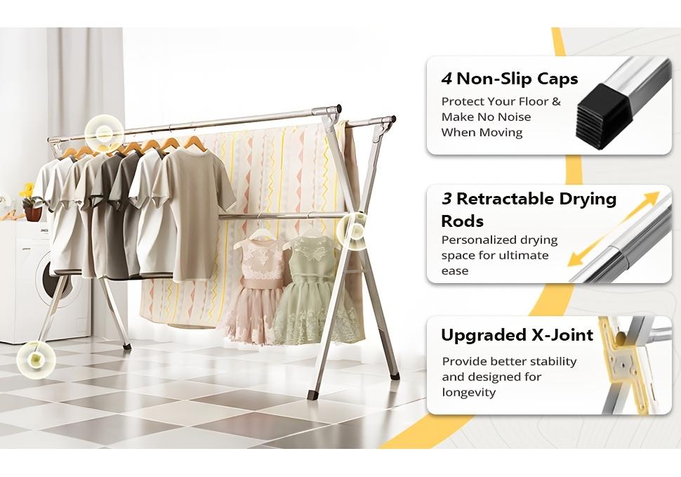 Stainless Steel Folding Retractable Clothes Drying Rack, 42.52-62.99 or 48.43-78.74 Inch, Indoor Outdoor Laundry Use