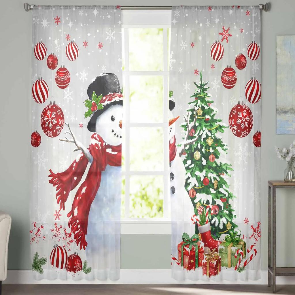 Christmas Snowman Pine Branch Sheer Curtains for Living Room Decoration Window Curtains Kitchen Tulle Voile Curtains