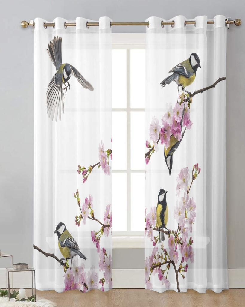 Oriole Peach Blossom Bird Flower Sheer Curtains for Living Room Decoration Window Curtains Kitchen Tulle Voile Organza Curtains