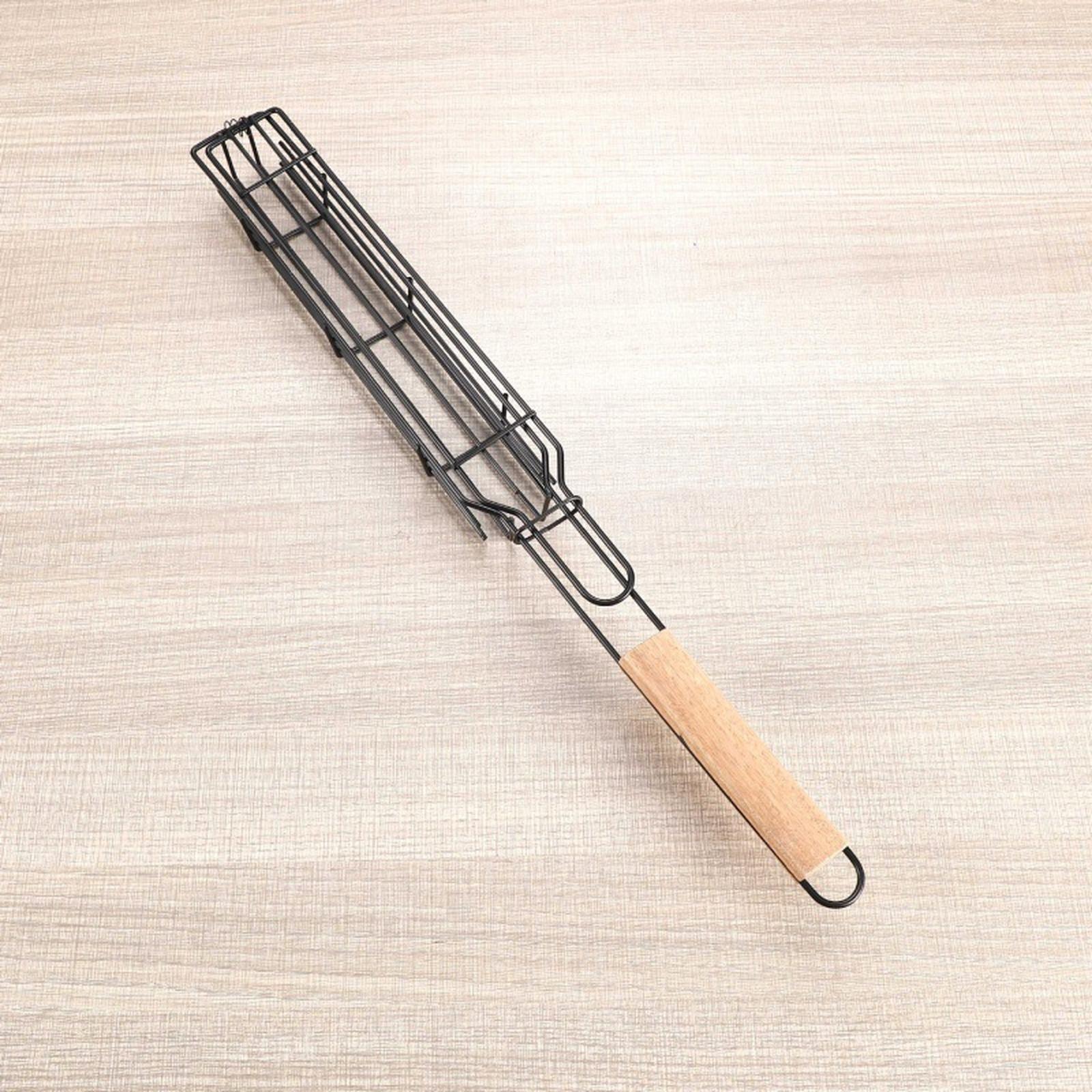 

Outdoor wooden handle barbecue cage, camping meat and vegetable barbecue rack, picnic barbecue sausage clip One Size