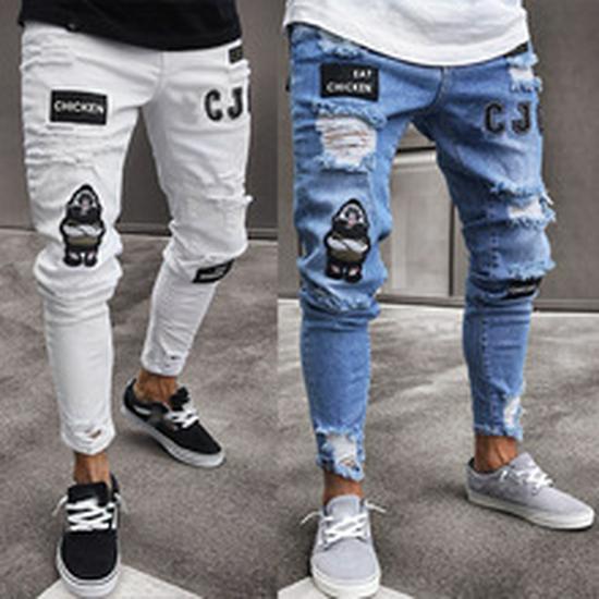 WISH Men's Elastic Tassel Patch Denim Pants - European & American Fashion Trend