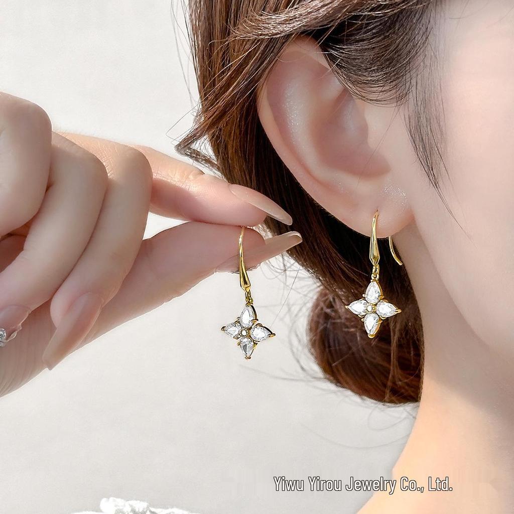Elegant Four-Leaf Flower Zircon Ear Hooks: Chic and Versatile High-End Earrings for Women