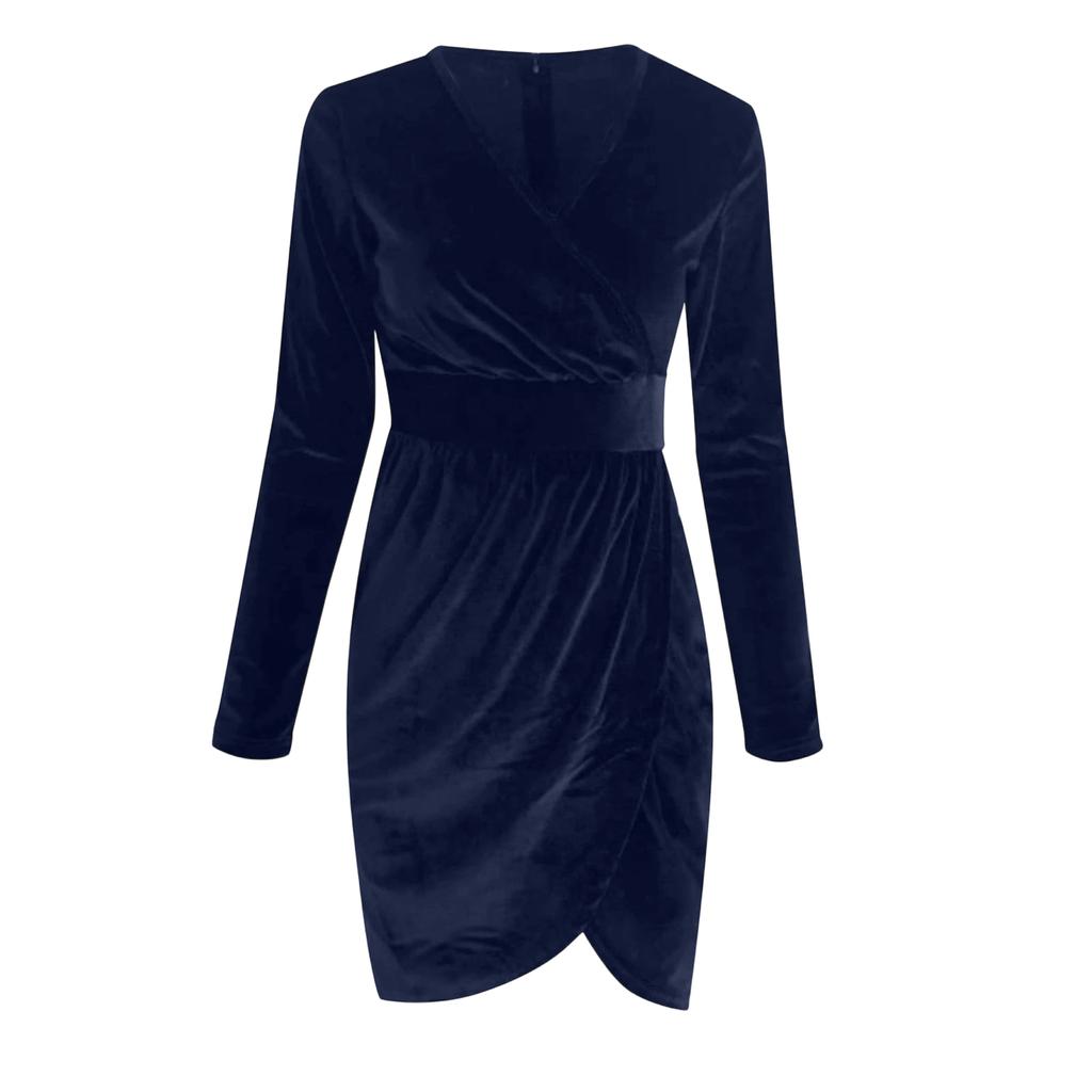Women's Velvet Dress Sexy Pleated Slim Deep V-neck Elegant Long Sleeve Wrap Party Evening Gown Dress