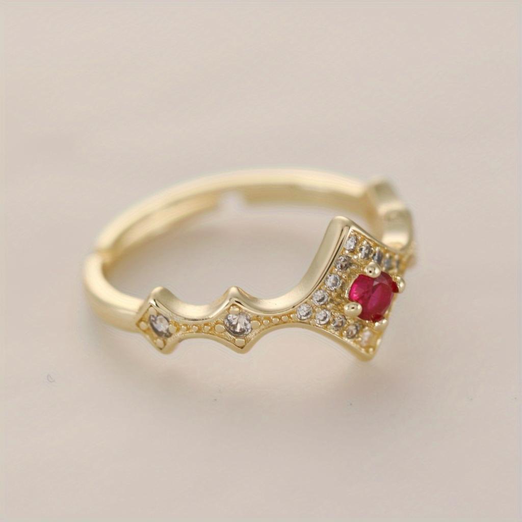 Bohemia 18K Gold Plated Open Brass Ring for Women Retro Sexy Red Cubic Zirconia Light Luxury Rhombus Dense Inlay Transparent CZ Daily Wear Jewelry