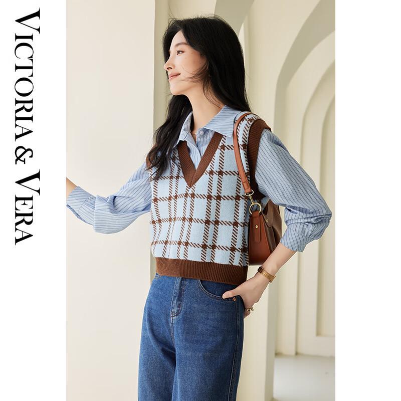 

VICTORIA&VERA Women s Plaid V-Neck Short Sleeveless Knit Vest S