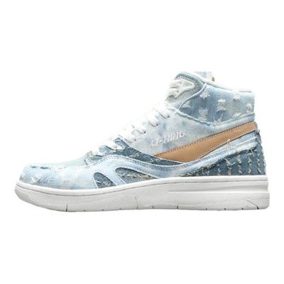 Li Ning 937 Deluxe Hi Denim Fabric Non-Slip Lightweight High-Top Retro Basketball Shoes Women Sneaker Mist-Blue AGBR026-3