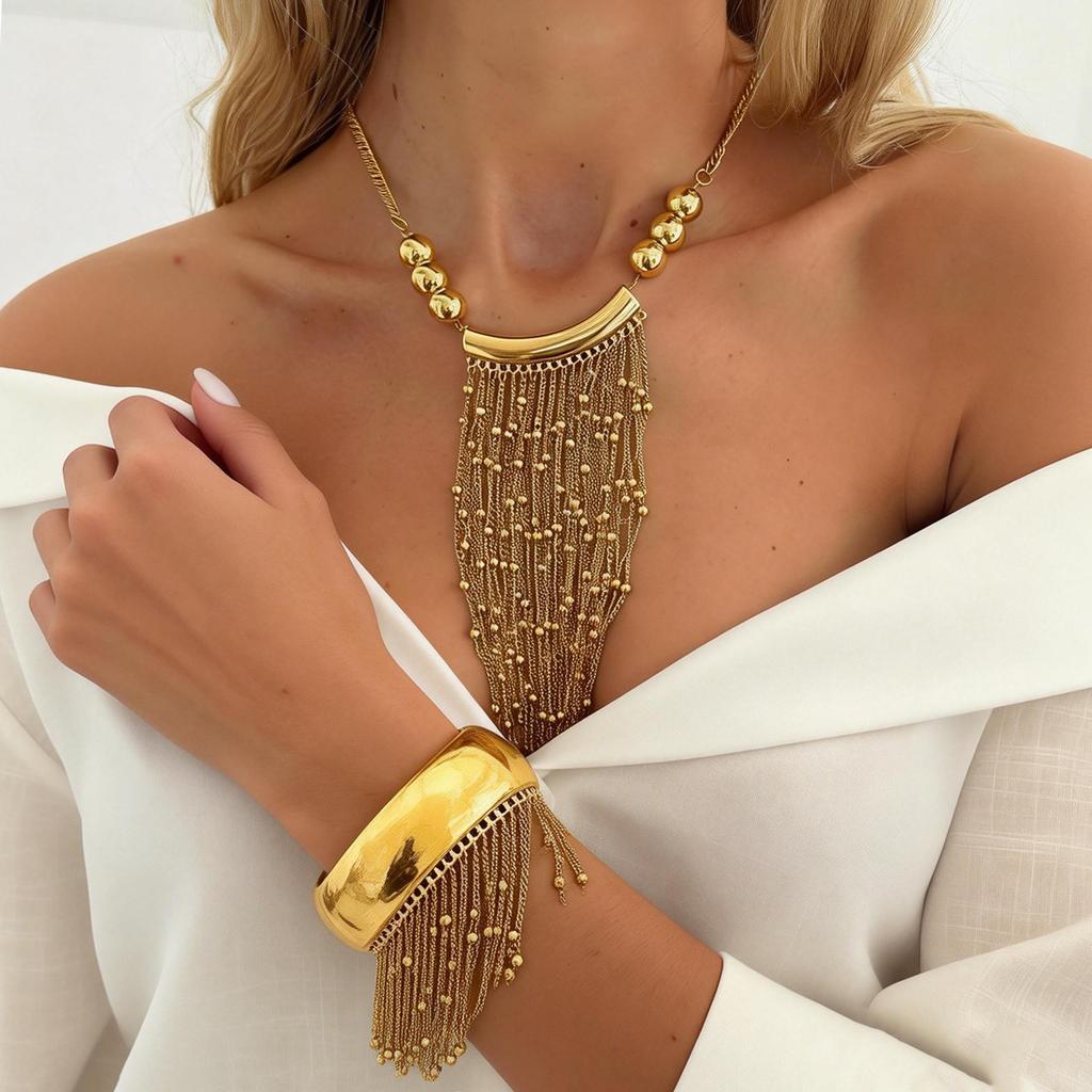 Creative Waterfall Metal Bead Chain Fringed Necklace, Fashionable Elbow Beaded Collarbone Necklace