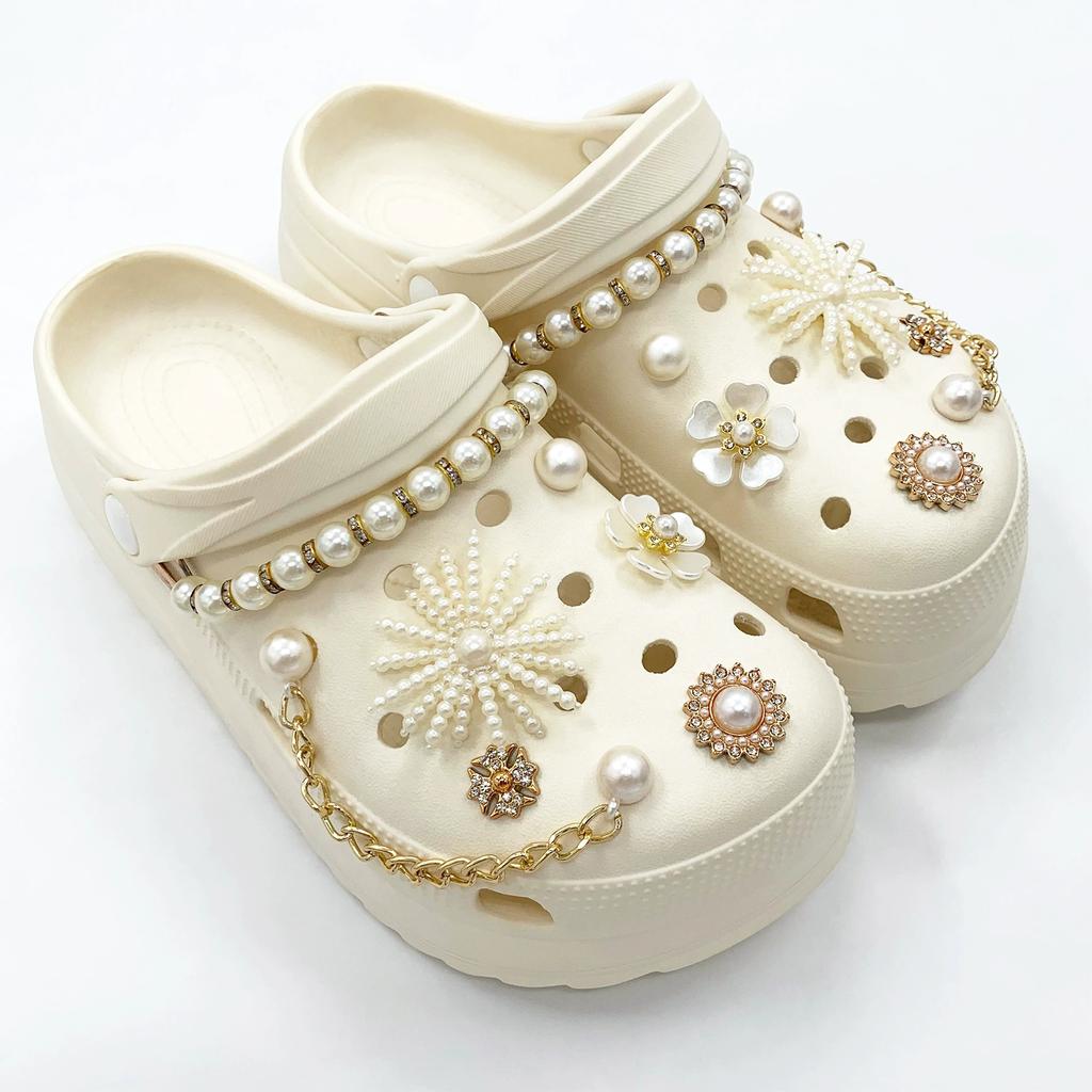 14 Pcs Set Elegant Pearls Chain Shoe Charms Accessories Women DIY Shoe Buckle Decorations for Sandals Beach Clogs Garden Shoes