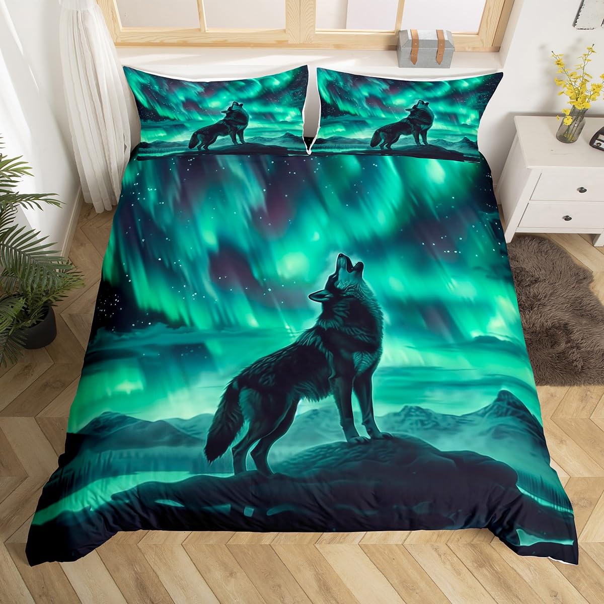 

Wolf Warm Comforter Cover King Quen,Safari Animal Beding Set for Young Boys Adult Peoples Wild Wolves Soft Duvet Cover Smoky Mountain Comfortable 100*200cm Single