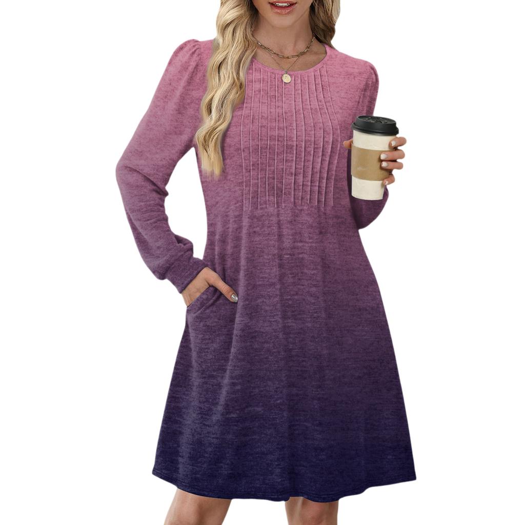 Women's Long Sleeve Pleated Round Neck Gradient Printed Casual Dress With Pockets