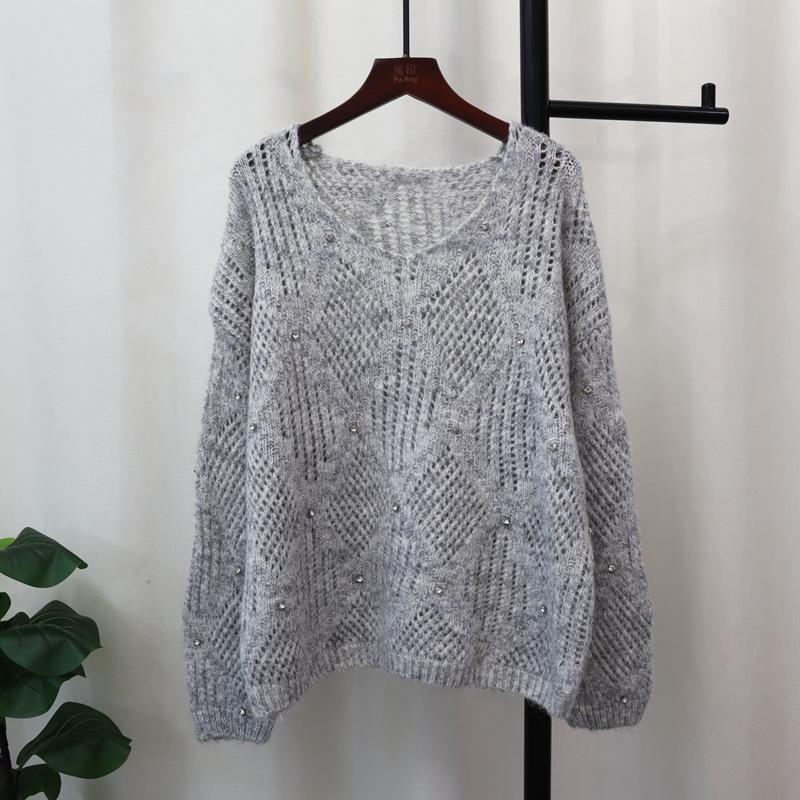 Heavy Industry Nail Drill Design Sense Knitted Sweater Top Autumn New Loose Hollow Sweater Pullover Women