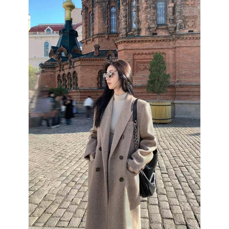 Winter Loose Thickened Herringbone Wool Coat Women Elegant Loose Cotton Padded Slim Tweed Jacket
