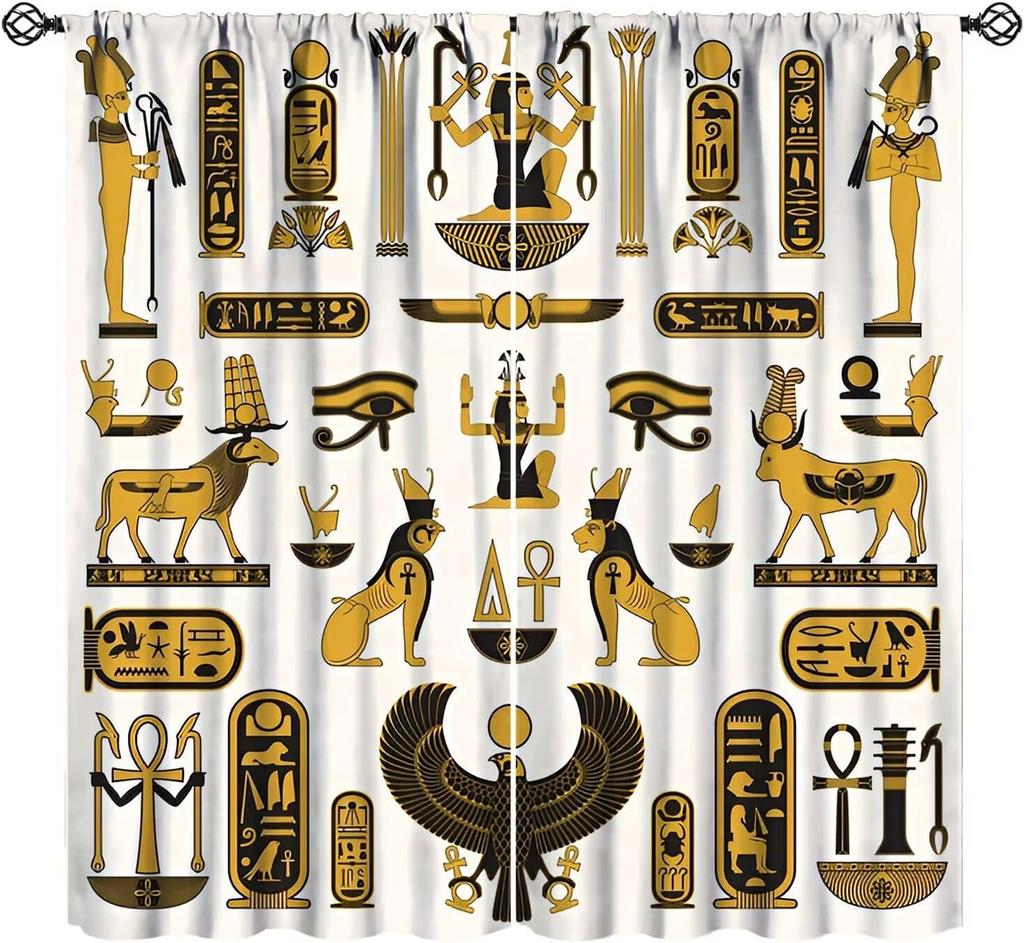 Ancient Egyptian Curtains Eye Horus Golden Hieroglyphs Print Window Treatments Living Curtain Vintage Made Of Polyester Washable