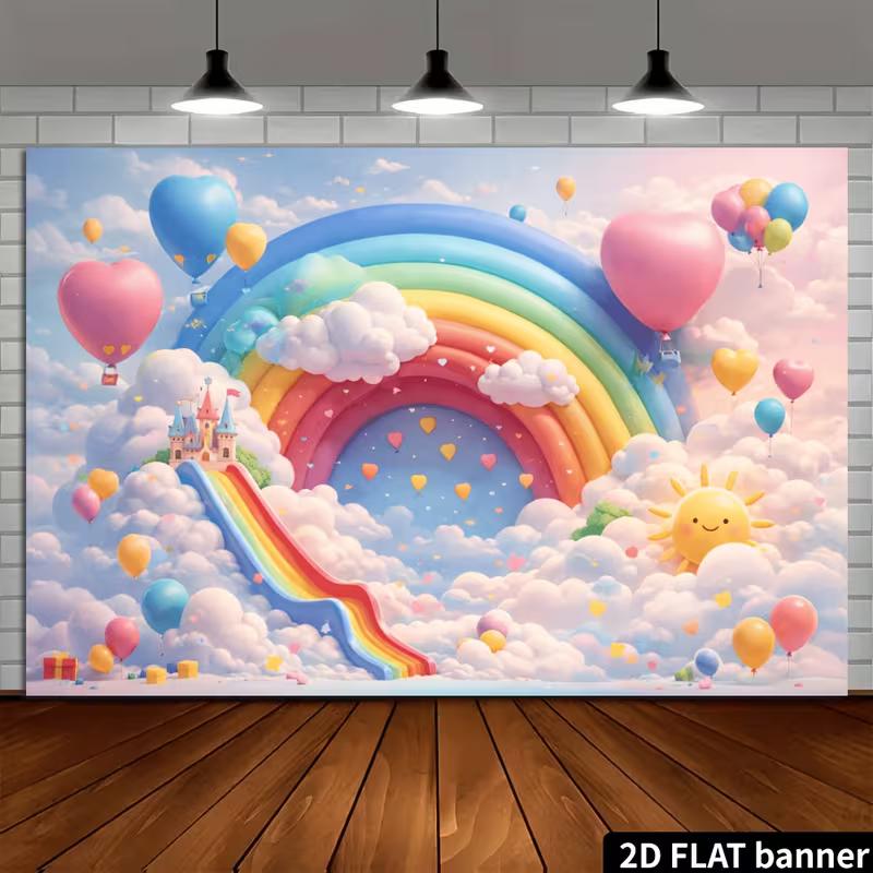 2D Rainbow Cloud Castle Tapestry, Colorful Balloon Kids Room Background