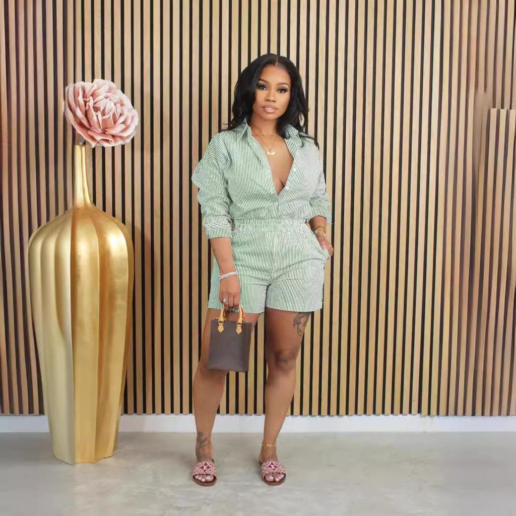 Frühling/Sommer Damen Gestreiftes Knopfrevers Zweiteiliges Set