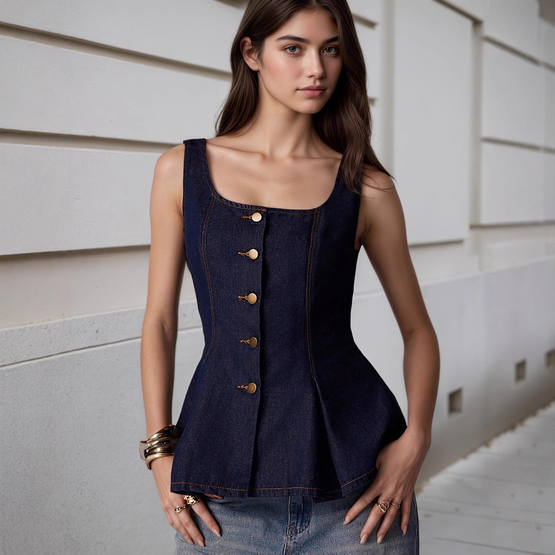 European and American women s fashion vest gold breasted decoration cotton polyester imitation denim vest denim vest european and american code s