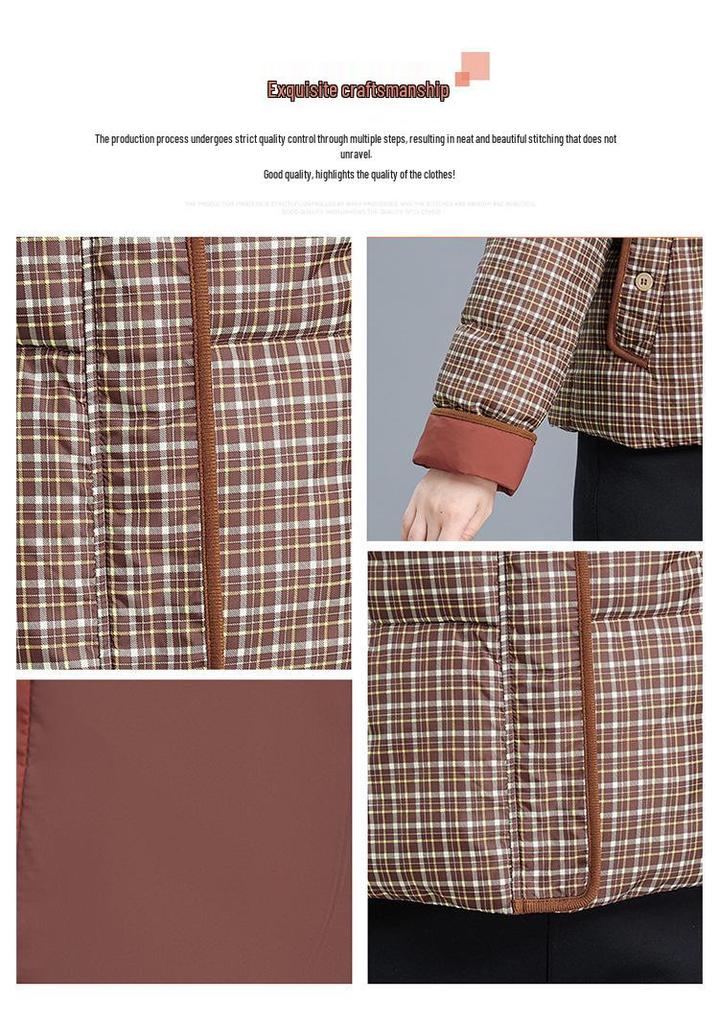 Middle-aged Women's Plus Size Winter Plaid Down Jacket - 2025 Style with Stand-up Collar