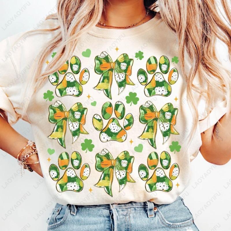 St Patricks Day Dog Paw Print Casual Unisex Oneck Printed Tops Fun Shamrock Clover Cute Cotton Shirts Dogs Lover Women Clothes S