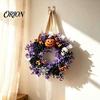 Festive Entrance Door Wreath Halloween Wreaths for Front Door, Skull Pumpkin with Berries, Black Plastic Porch Roses, Purple Leaves Doors, Porch,
