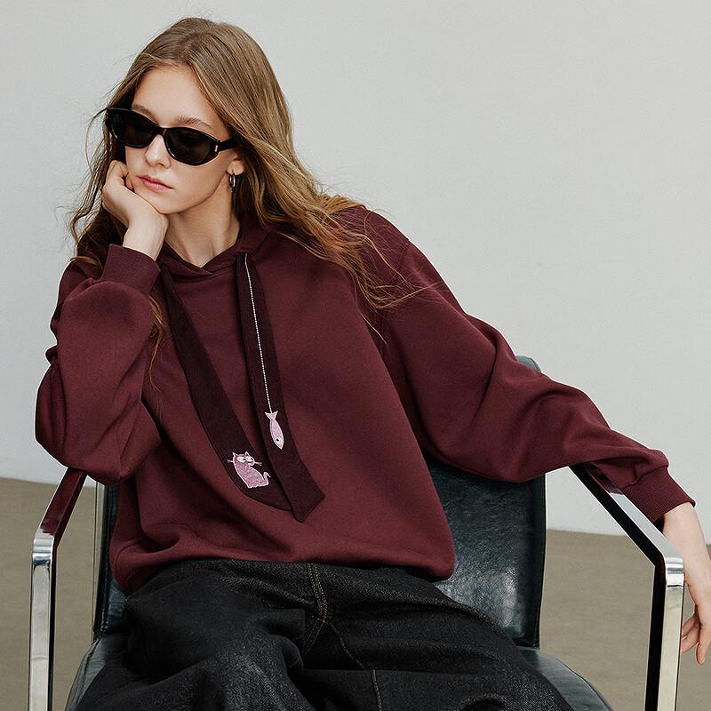 Chuyu Women's Petite College Style Cat Embroidery Tie Hooded Sweatshirt