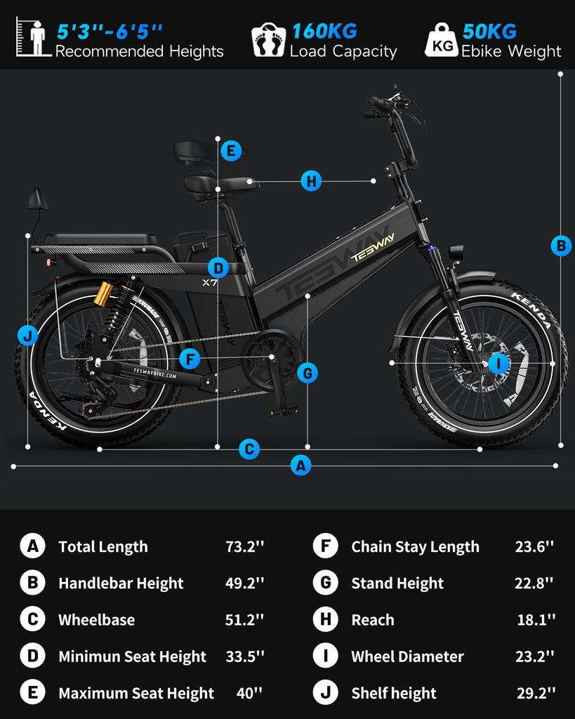 Tesway X7 Pro Electric Bike, Peak 2000W Motor, 52V 60Ah Battery, Range 300km, 20*4.0'' Tires, 7 Speed, Color Display