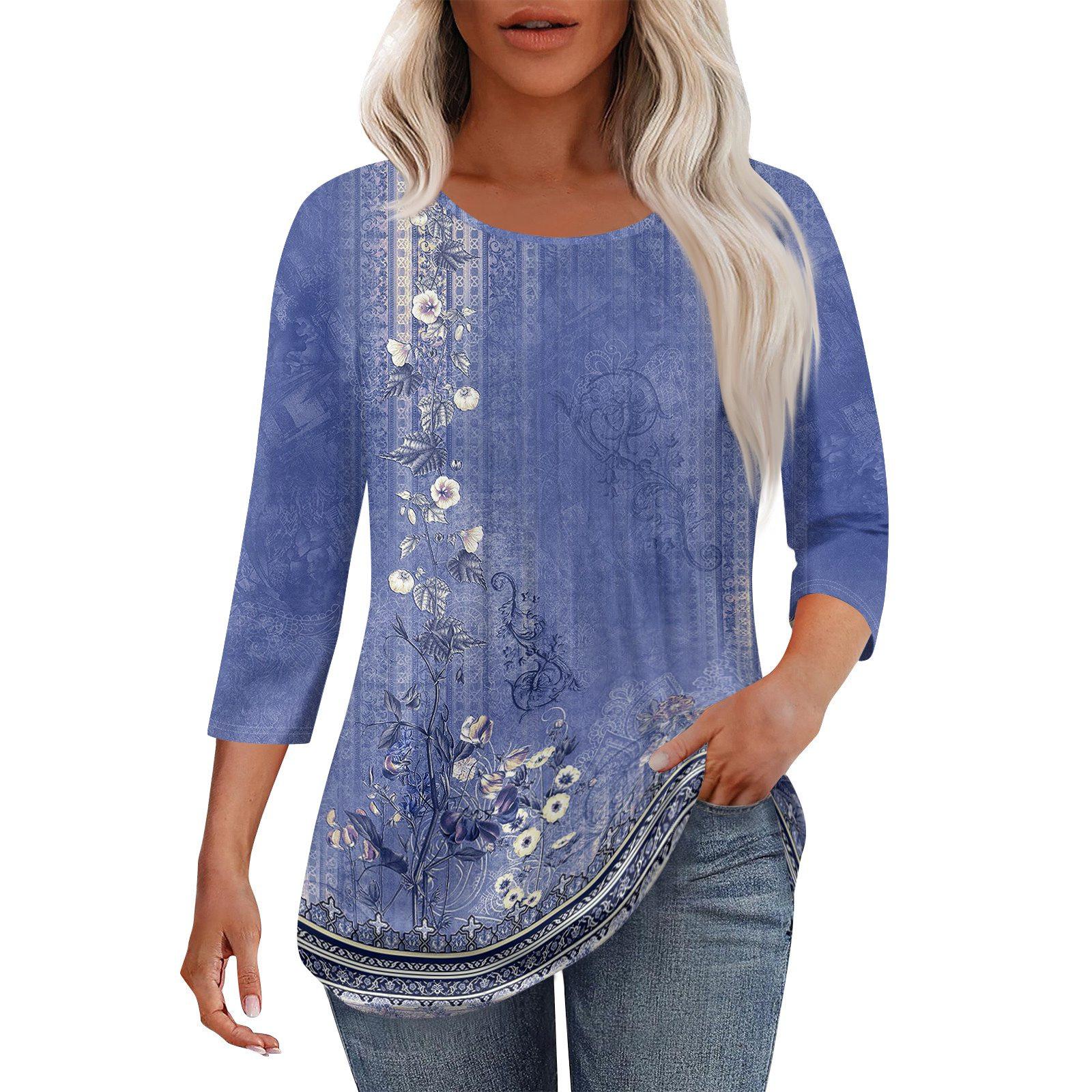 

Женская модная повседневная плиссированная футболка с круглым вырезом и принтом в стиле досуга с рукавом семь четвертей XXL