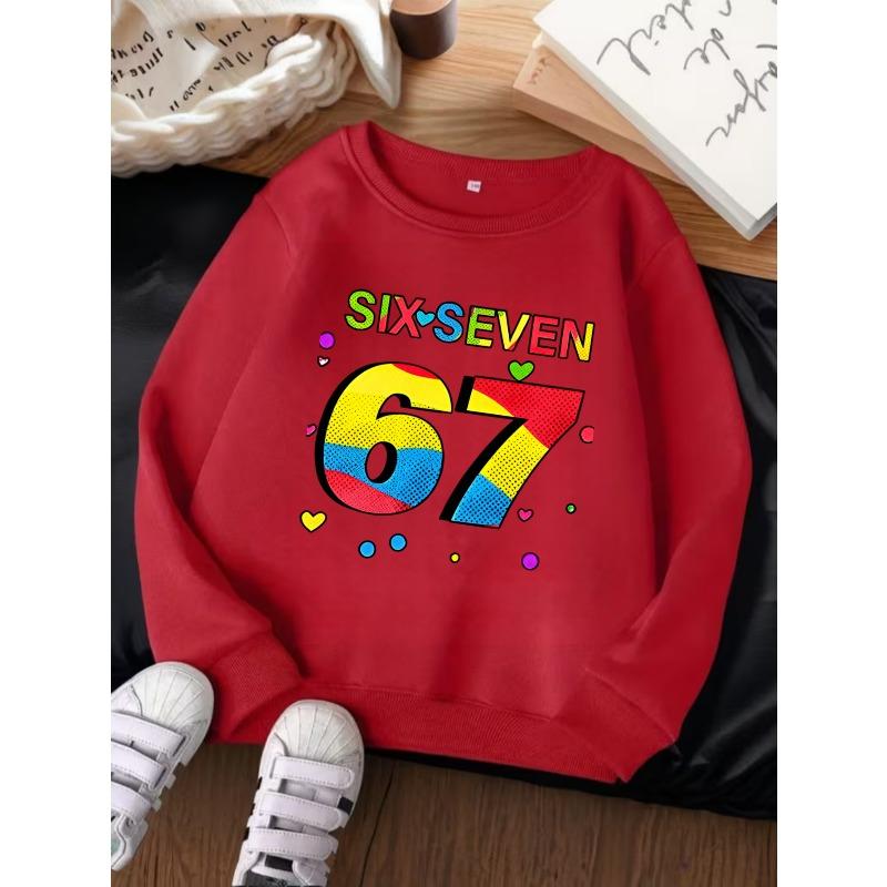 Unisex Kids Red Crewneck Sweatshirt For 4-12 Boys Girls Colorful SIX SEVEN Number 67 Heart Dot Print Soft Fleece Long Sleeve Pullover