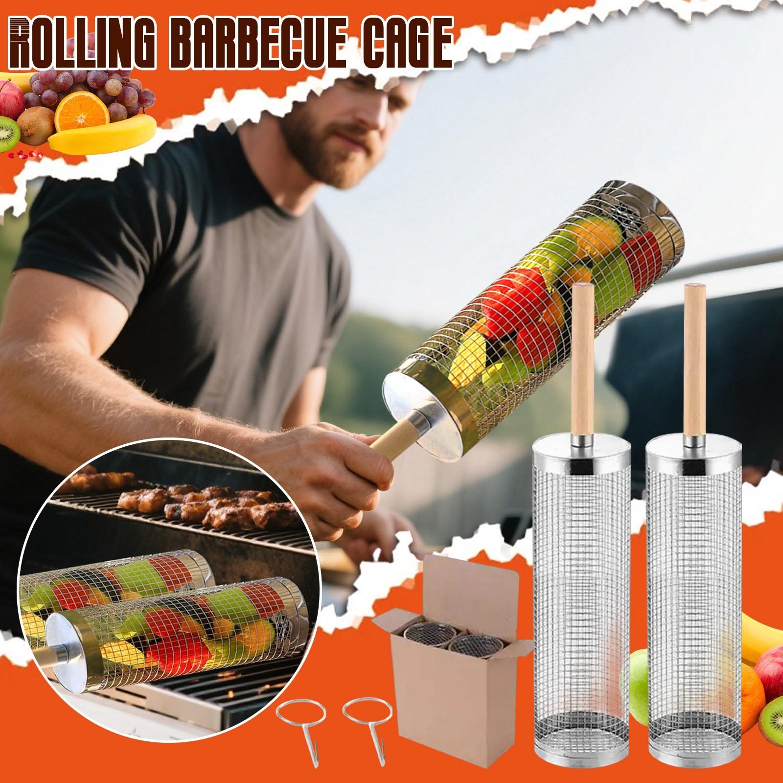 

Роликовая клетка для барбекю, корзина для гриля для барбекю на открытом воздухе, клетка для барбекю из нержавеющей стали 304 One Size серебряный