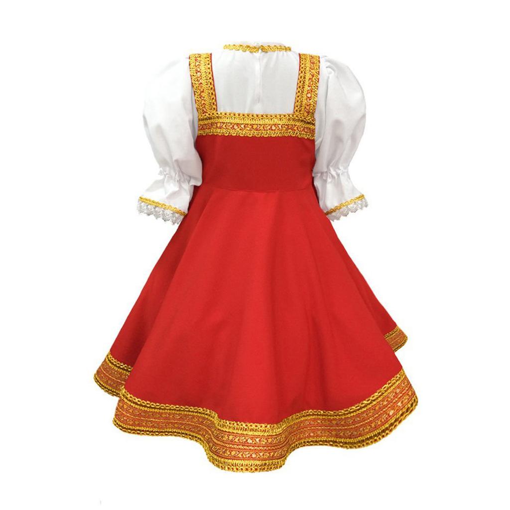 Halloween Cosplay Costume Kids Girls Puff Sleeve Knee Length Dress With Headpiece Russian Traditional Outfits