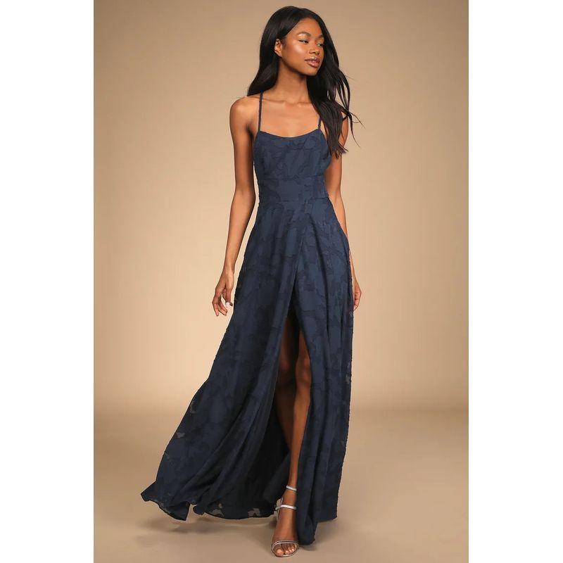 

Foreign Trade Order Lu s Personality Fashion Sexy Backless Slimming Big Hemline Split Exquisite Jacquard Waist Hugging Slimming Dress Dark blue M