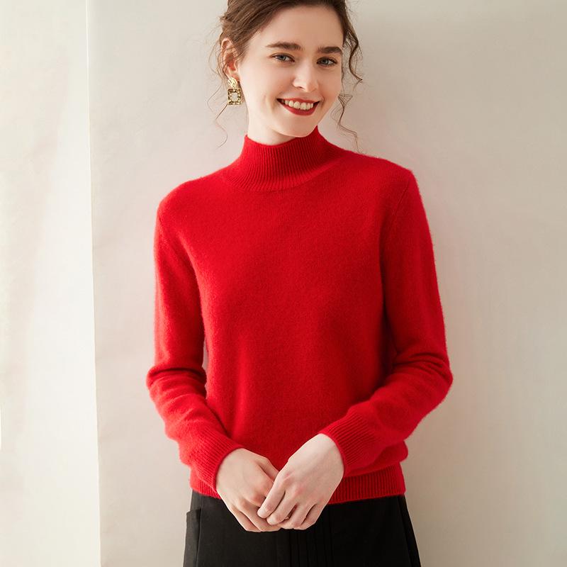 Women's Cashmere Half High Neck Slimming Solid Color Sweater for Autumn/Winter
