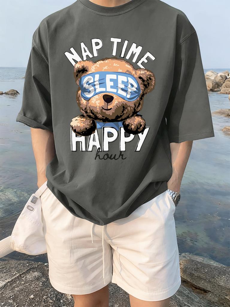Cartoon Bear Nap Time Happy Prints TShirts Womens Cotton Summer Short Sleeve Tees Soft Loose ONeck Tops Casual Womans Clothes