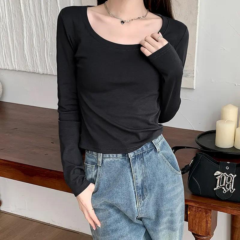 Women's Slim Fit Long-Sleeve U-Neck T-Shirt, Early Spring Style, Petite Base Layer, Versatile Short Top