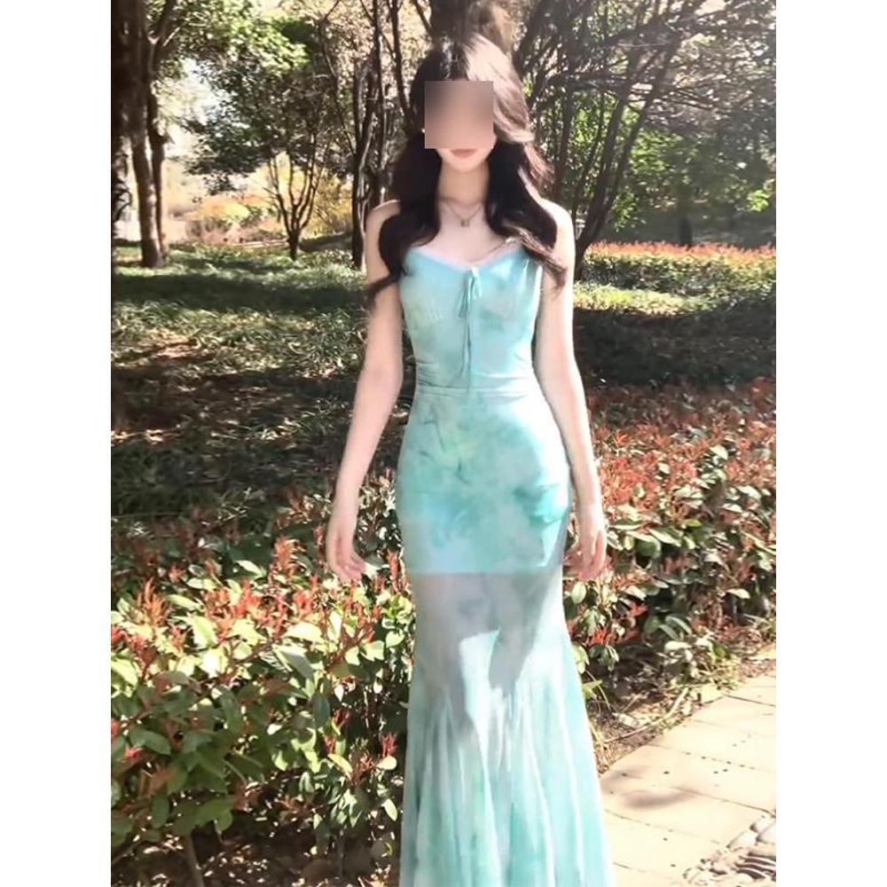 

Модное маленькое модное сетчатое платье на бретелях, женское кружевное платье с высокой талией и юбкой годе XL- (recommended 110-60kg)