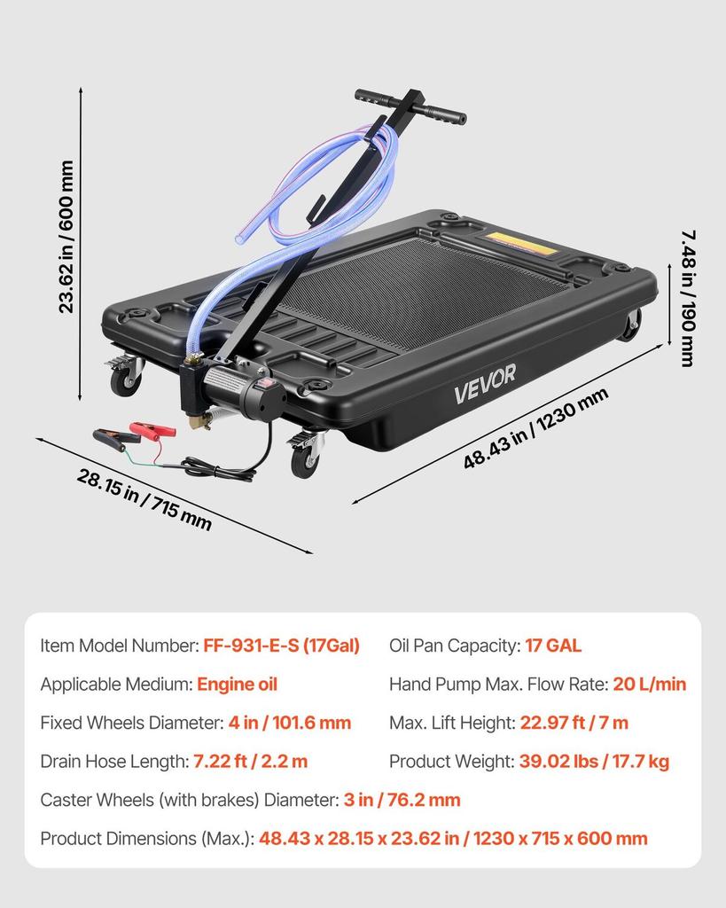 Low Profile Oil Drain Pan, 64 L Capacity, Rolling Oil Drain Pan with Electric Pump & 2.2 M Hose, Leak-proof & Corrosion-resistant, Fit for Cars, SUVs,